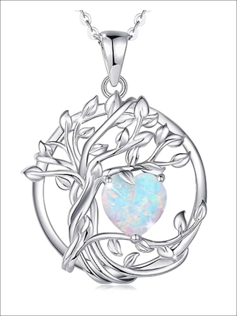 Tree of Life Birthstone Pendant Necklace Sterling Silver White Gold Plated